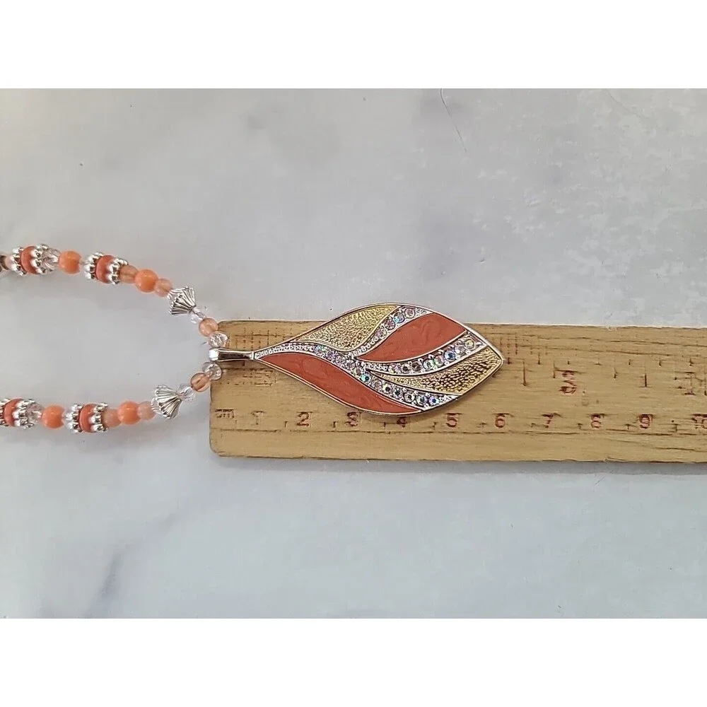 Salmon Enamel Rhinestone Beaded Leaf Pendant Adjustable Necklace
